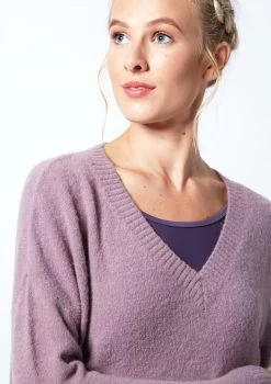 Move Dance Madeline Knit V Neck Jumper -Dance Costume Store MOZ0714 PUR CLOSE UP FRONT 1 30824.1678885115