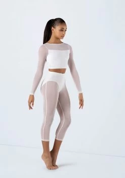 Weissman Long Sleeve Crop Top With Mesh -Dance Costume Store SM13070 white SM12238 white 8234 62448.1698840530