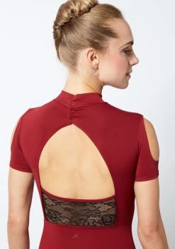 Move Dance Jura Cold Shoulder Lace Leotard -Dance Costume Store mo l0620 move dance jura cold shoulder lace leotard red back no2 74736.1678884143
