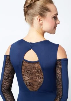 Move Dance Arabel Cold Shoulder Long Sleeve Lace Leotard -Dance Costume Store mo l0622 move dance arabel cold shoulder long sleeve lace leotard blue back no1 56429.1678884167