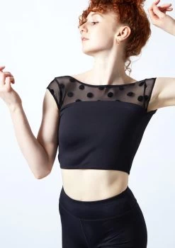 Move Dance Joelle Cap Sleeve Crop Top -Dance Costume Store moz0623 black close up front 1 56244.1692921489