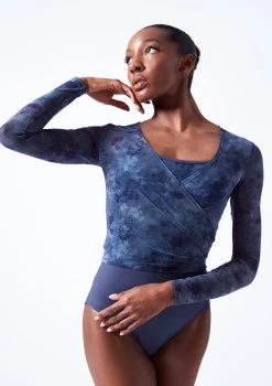Move Dance Nayu Mesh Wrap Top -Dance Costume Store moz0627 petrol blue close up front 58134.1683070482